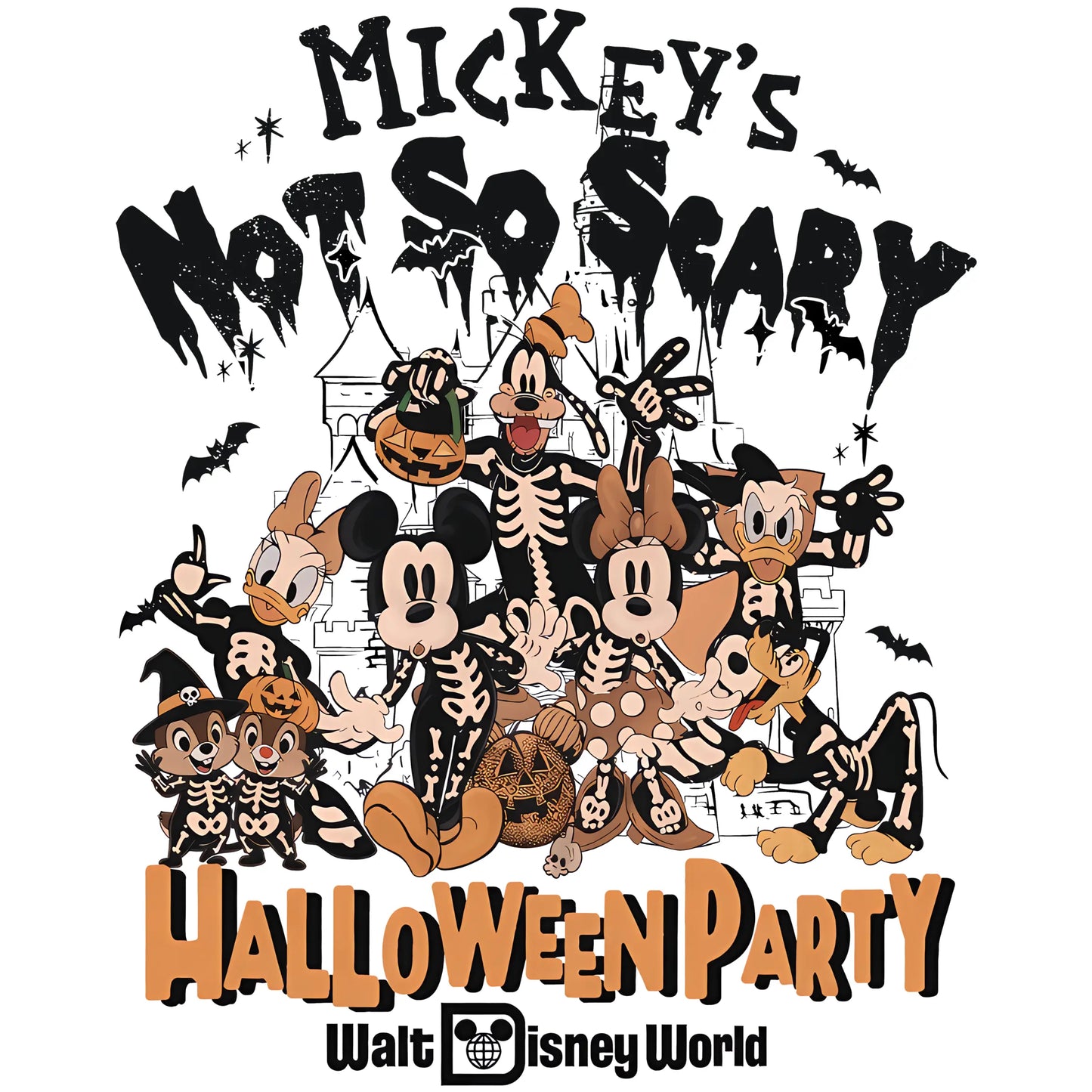 Theme Park Skeleton Squad Halloween Party DTF Ready To Press Transfer