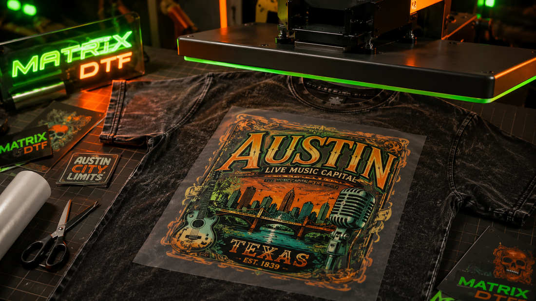 Creative custom DTF gang sheets and transfers for clothing brands in Austin Texas