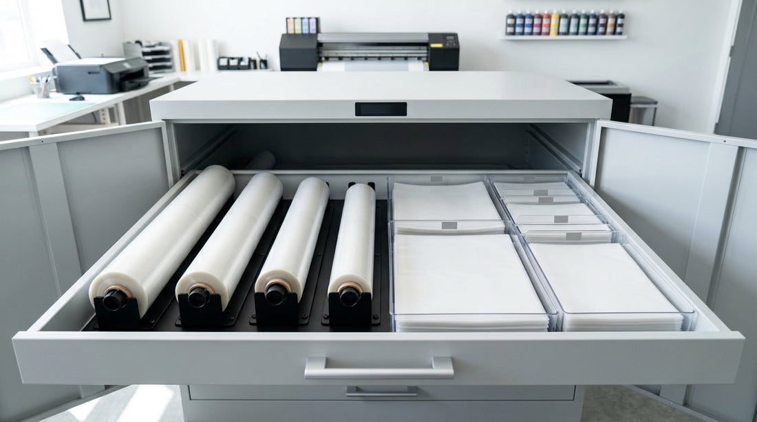 Properly storing wholesale dtf transfers and film rolls in a humidity controlled container
