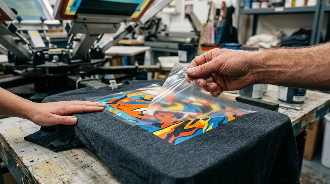 Peeling clear film from hot peel dtf transfers ready to press