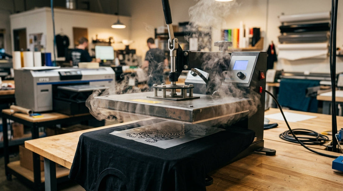 Applying dtf transfers ready to press onto a black t-shirt with a commercial heat press