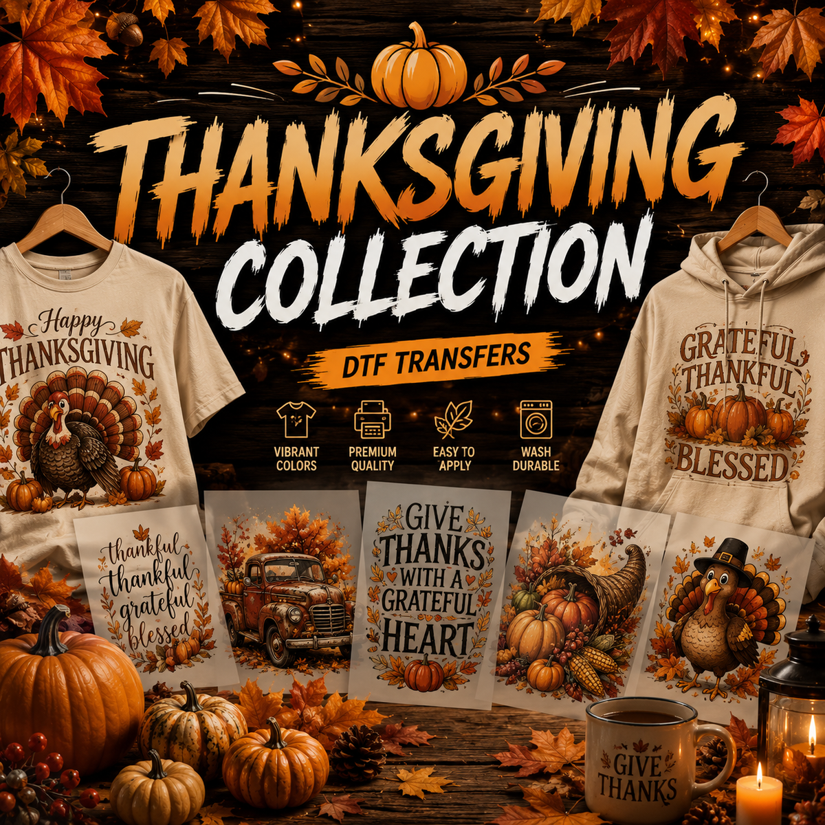Premium Thanksgiving DTF ready to press transfers featuring autumn, turkey, and fall season designs by Matrix DTF