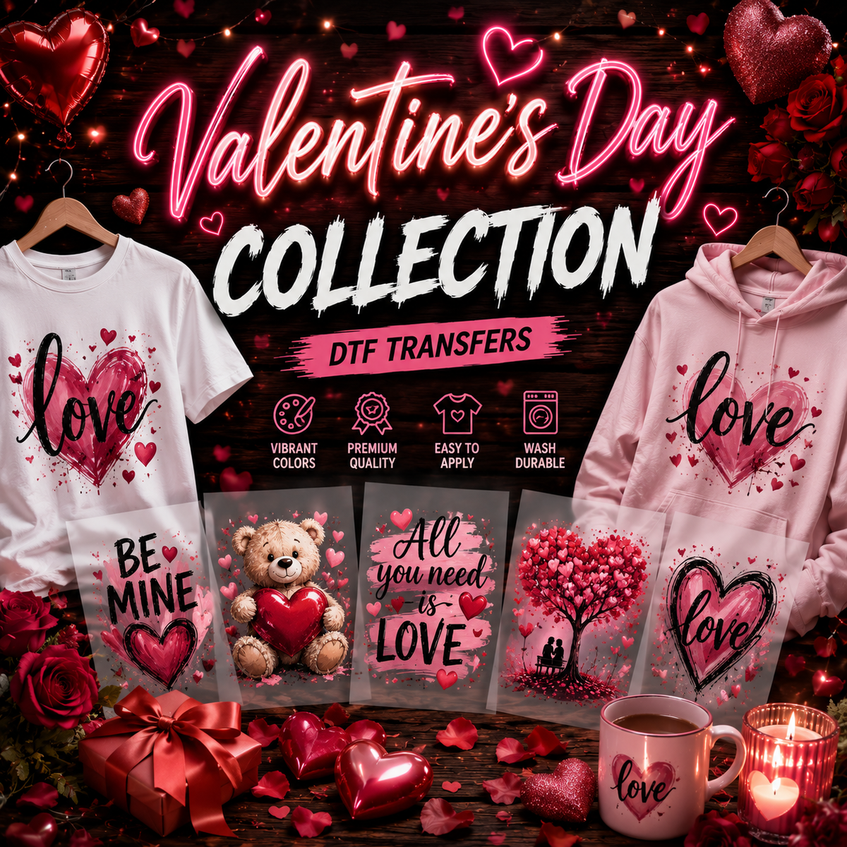 Premium Valentine's Day DTF ready to press transfers featuring romantic, couples, and Galentine's designs by Matrix DTF