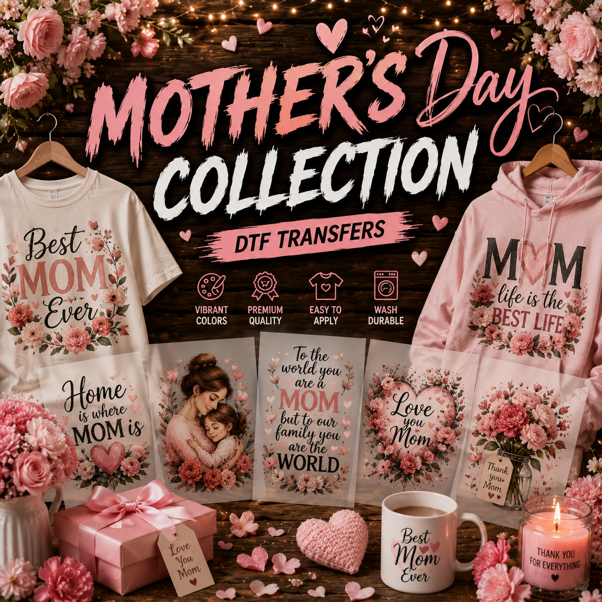 Premium Mother's Day DTF ready to press transfers featuring mama, boutique, and floral designs by Matrix DTF