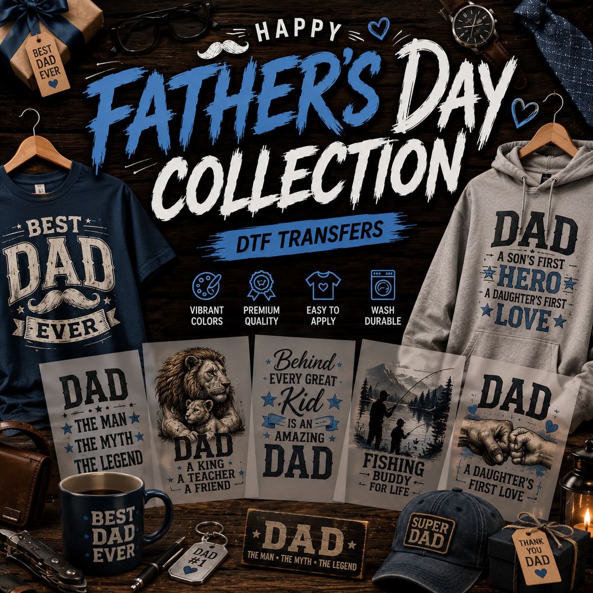 Premium Father's Day DTF ready to press transfers featuring dad, grandpa, and retro typography designs by Matrix DTF