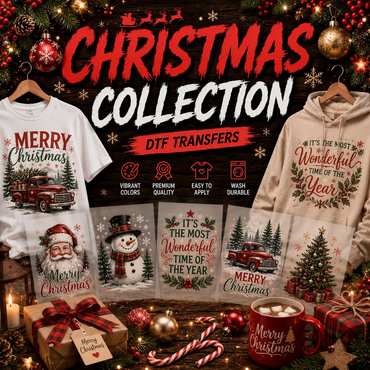 Premium Christmas DTF ready to press transfers featuring holiday, winter, and retro festive designs by Matrix DTF