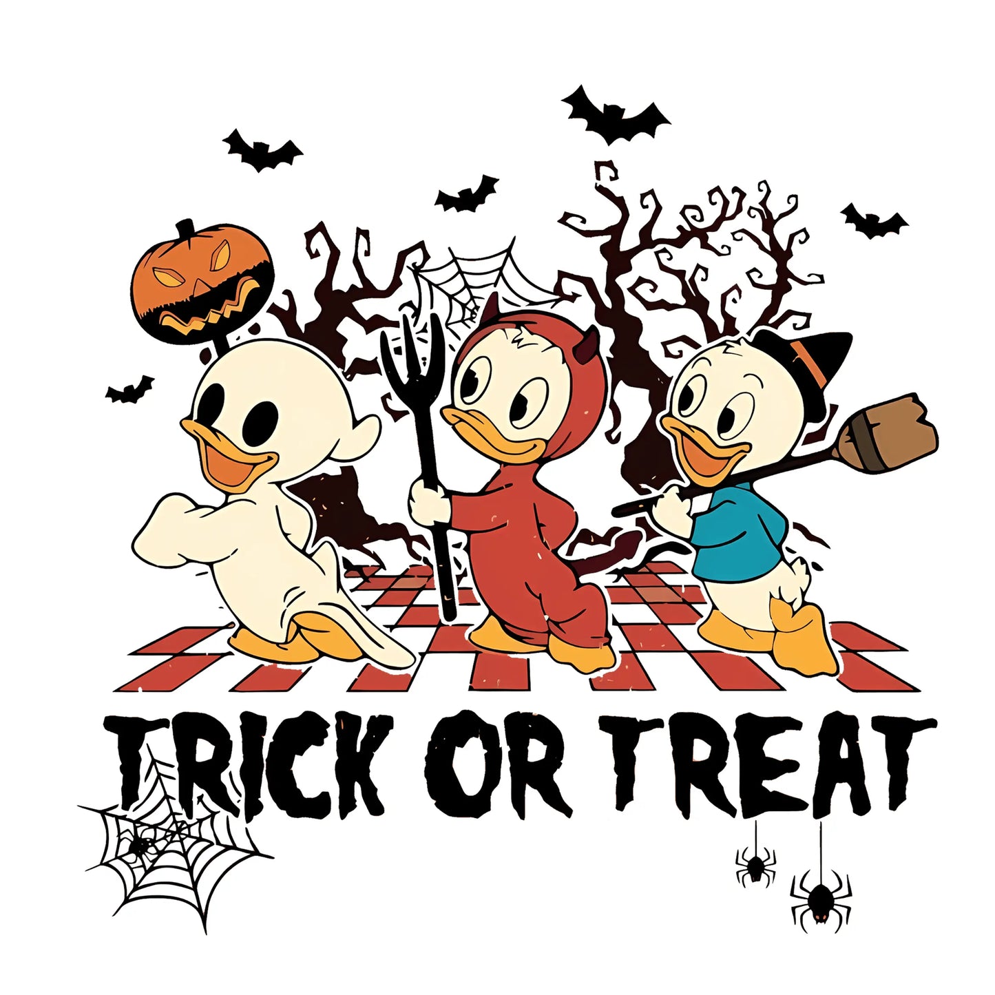 Retro Trick Or Treat Duckling Trio DTF Ready To Press Transfer