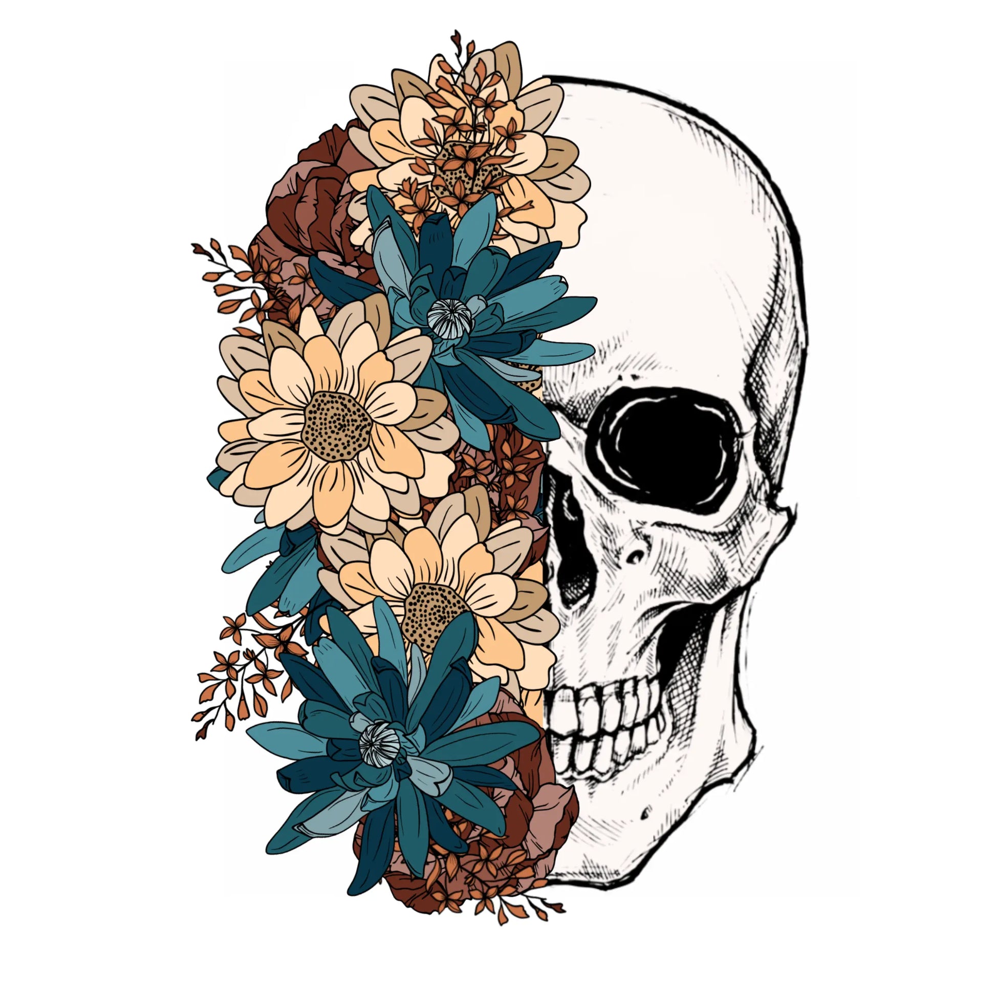 Boho Floral Half Skull Autumn DTF Ready To Press Transfer